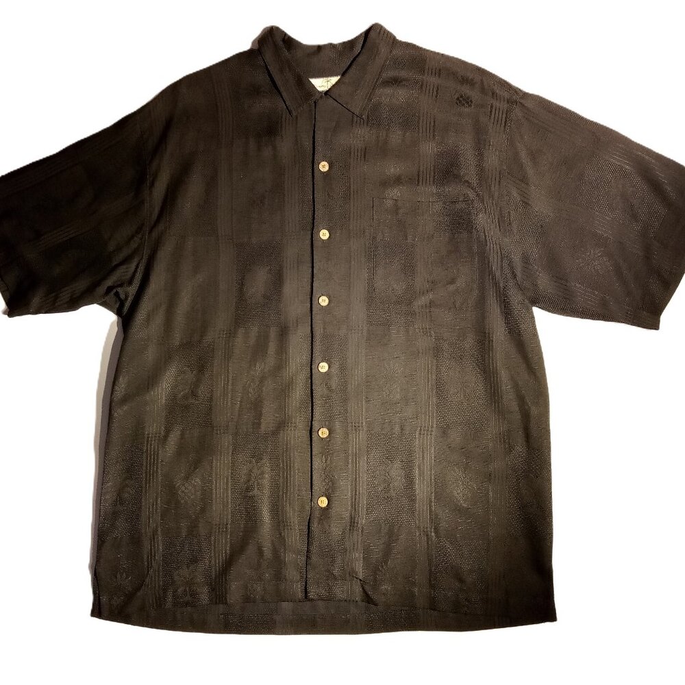 TOMMY BAHAMA Shirt  Men's  Large  100% SILK  Black  Button  Embossed  Tropical